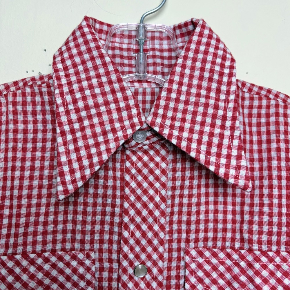 Vintage 70s Gingham Western Pearl Snap Boys Plaid Button Down Shirt Size 4 - Picture 2 of 7